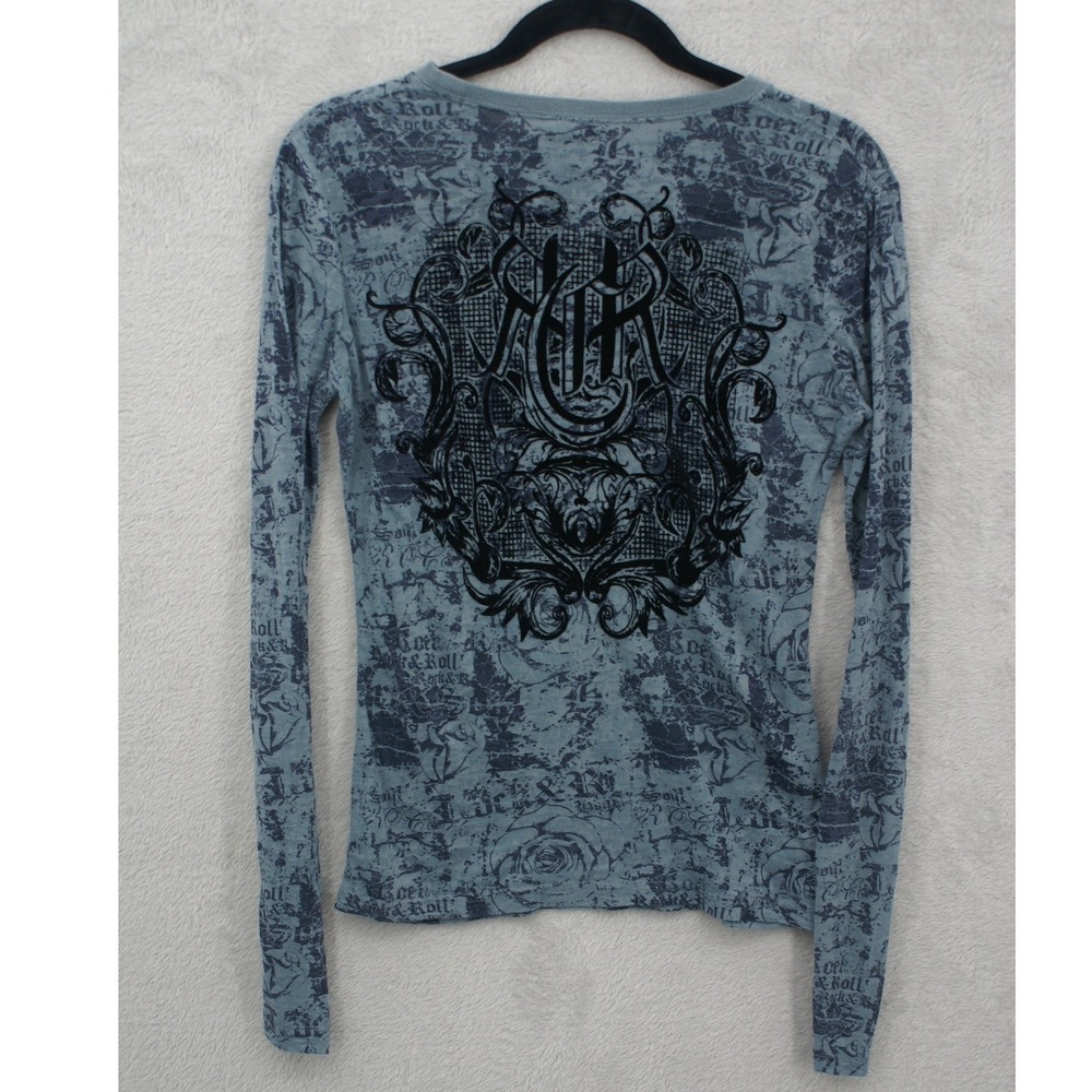 Rock & Roll Cowgirl Womens Blue Rose Print Flocked Graphic Long Sleeve Top M
